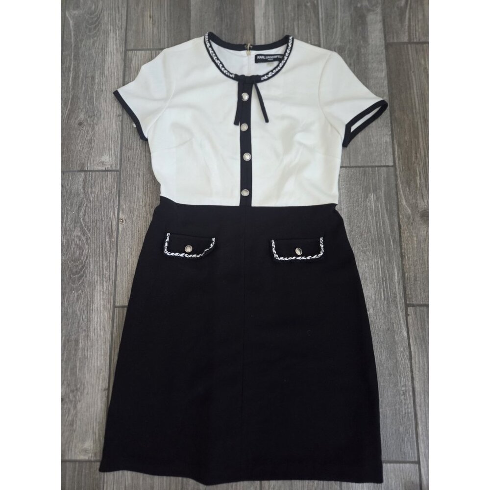 Karl Lagerfeld Colorblock One Piece Dress Sz 8.Faux Pockets And Metallic Buttons
